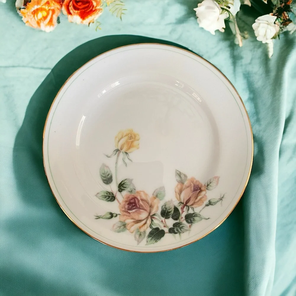 Vintage Kent China Trio Bread Plates Set of 8 Gold Rim Pink Yellow Rose